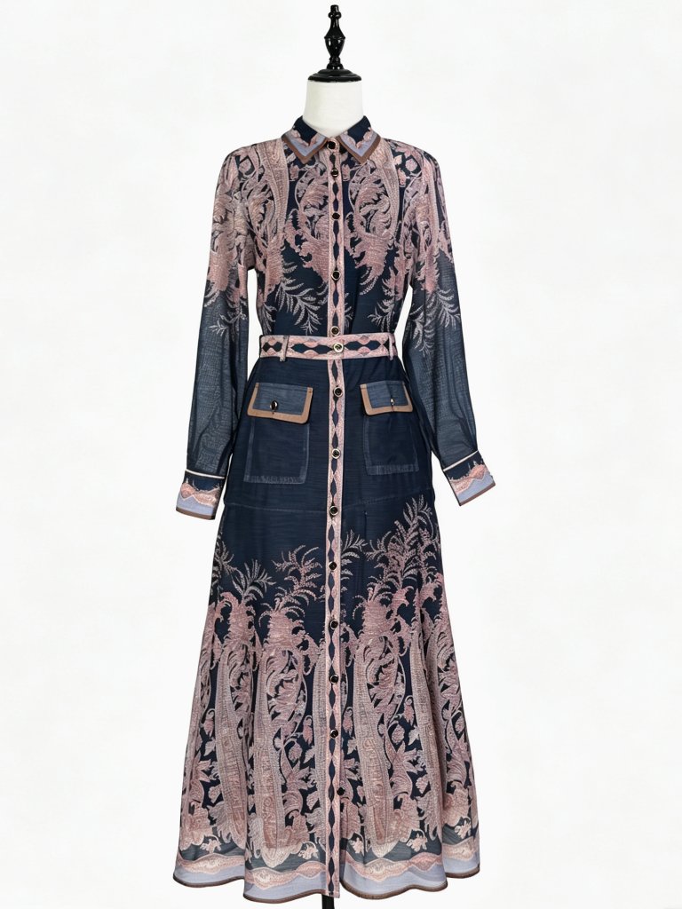 Zimmermann Navy Paisley Shirt Midi Dress Belted Long Sleeve Patch Pocket Gown